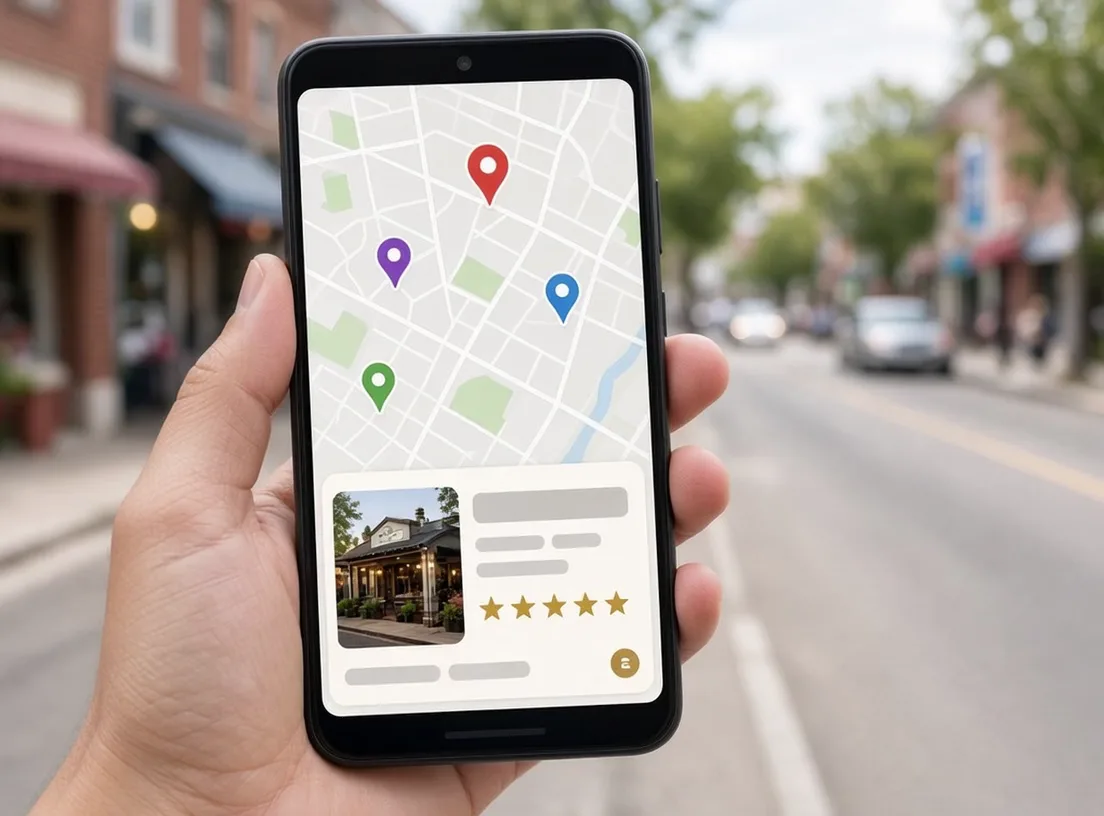 Phone showing a map-style local search with a business listing
