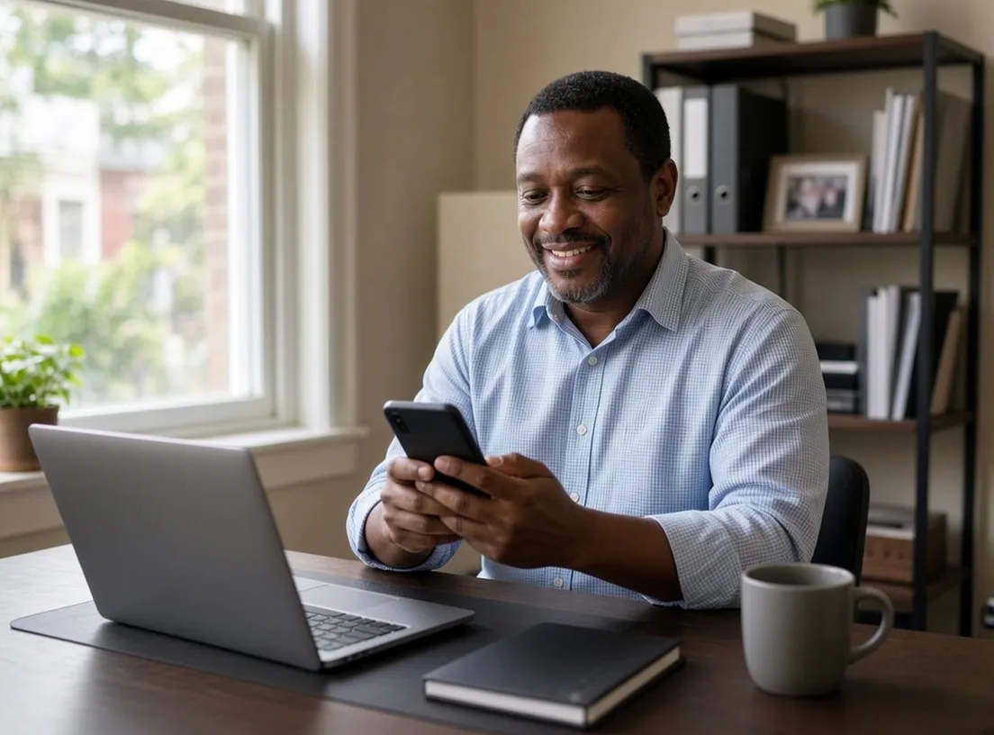 Agency owner reading an alert on his phone