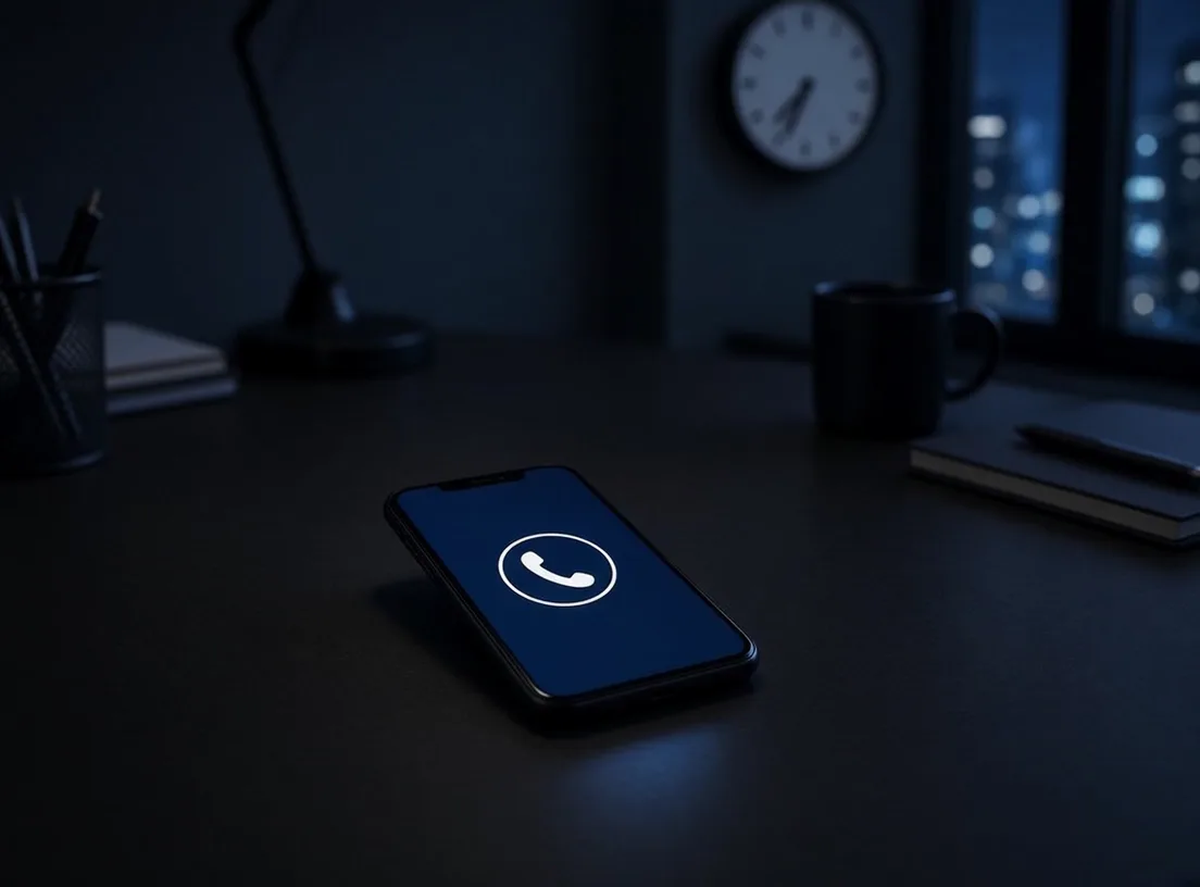 Smartphone lighting up with a call on a dark office desk at night