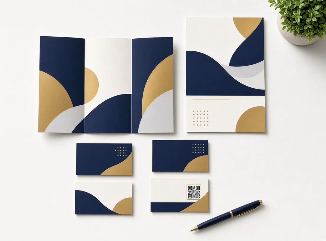 Navy and gold referral brochure, flyer and business cards