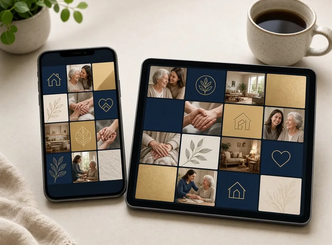 Phone and tablet showing a grid of social posts for a home care business