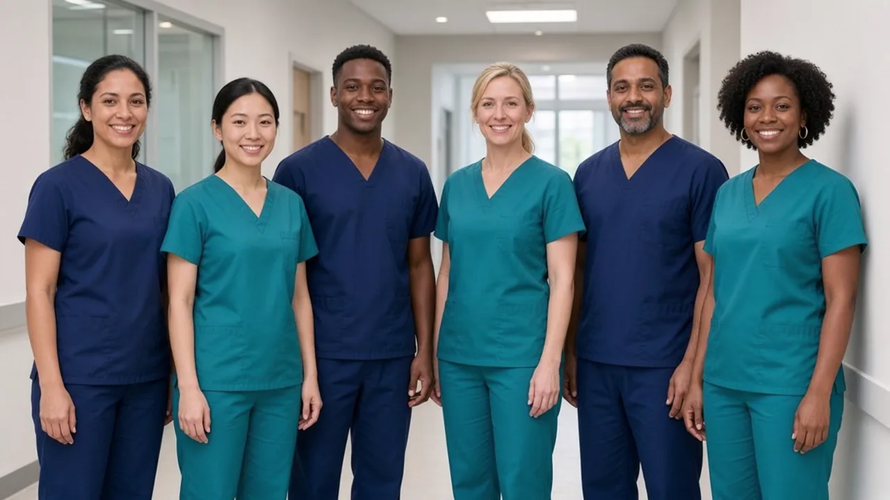 Team of caregivers in navy and teal scrubs